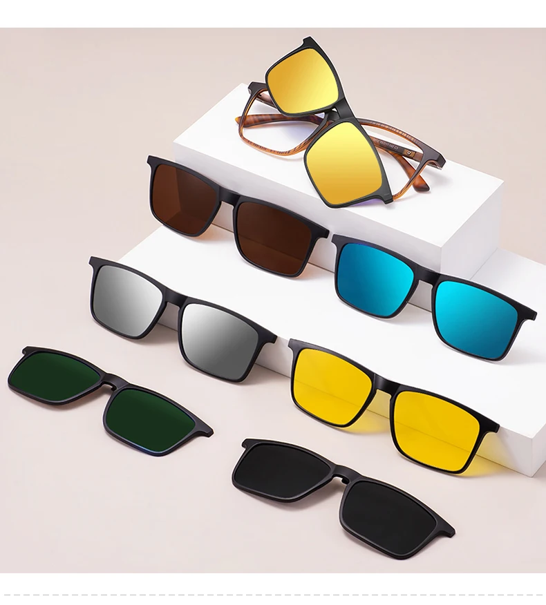 Men and Women Square Full Rim Glasses Frame Polarized Clip on Sunglasses With Colorful Clip Ons For Prescription Lenses