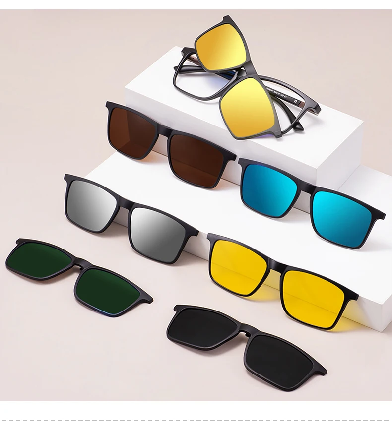 Men and Women Square Full Rim Glasses Frame Polarized Clip on Sunglasses With Colorful Clip Ons For Prescription Lenses