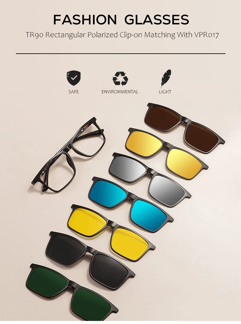 Men and Women Square Full Rim Glasses Frame Polarized Clip on Sunglasses With Colorful Clip Ons For Prescription Lenses