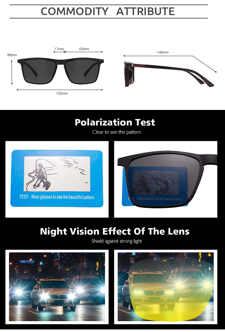 Men and Women Square Full Rim Glasses Frame Polarized Clip on Sunglasses With Colorful Clip Ons For Prescription Lenses
