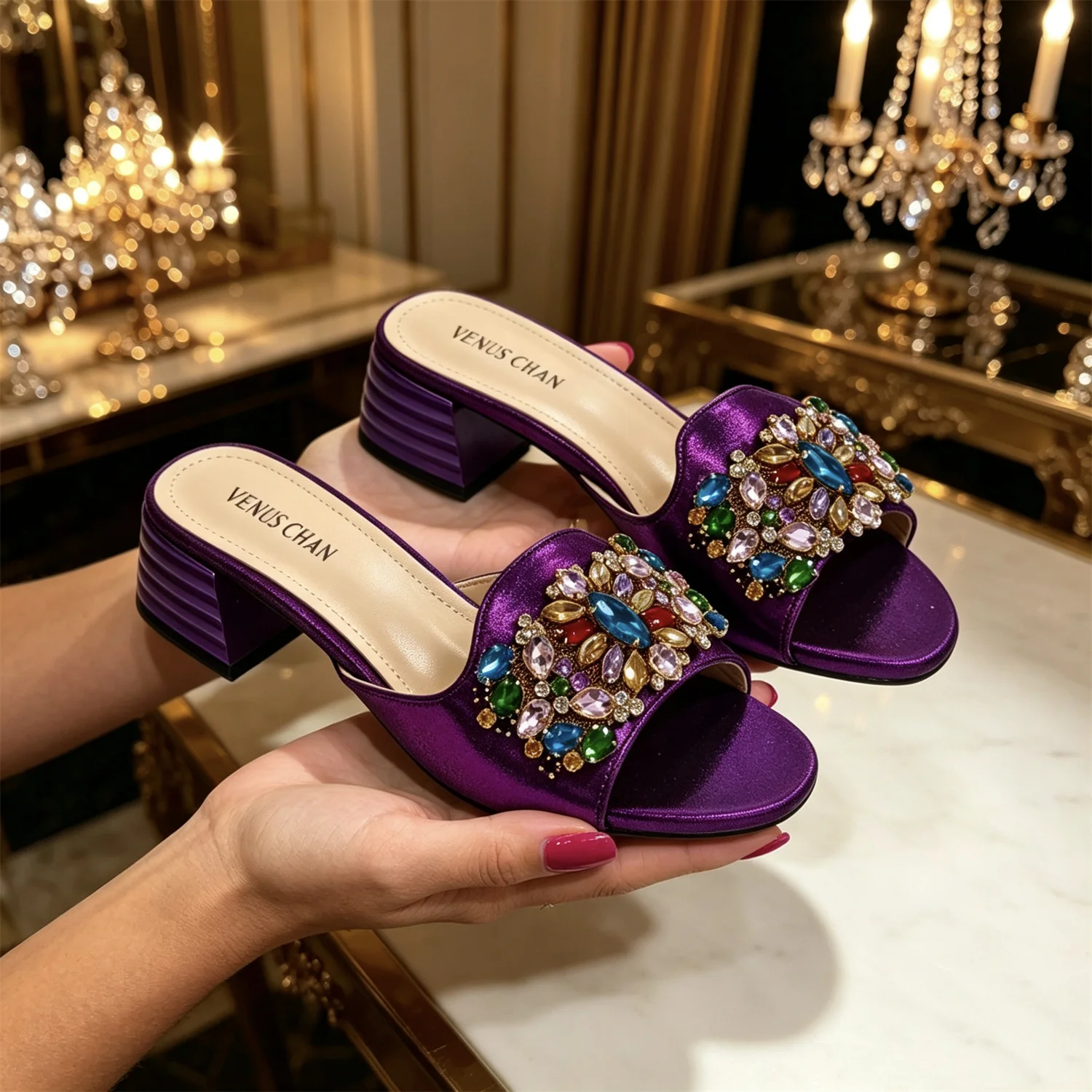 Women Luxury Multicolor Rhinestone Blue Heel Mules Black Satin Open Toe Slip On Sandals Elegant Wedding Evening Party Designer