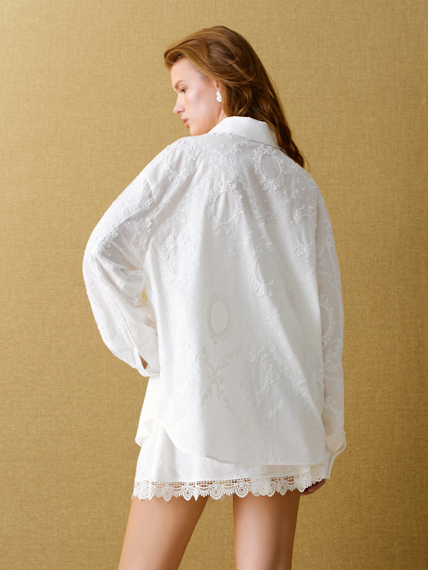 FSLE【Premium Series】Women Vintage Maximalist Embroidered White Blouse Skirt Set Romantic Ruffle Sleeve Shirt Heritage Chic Style