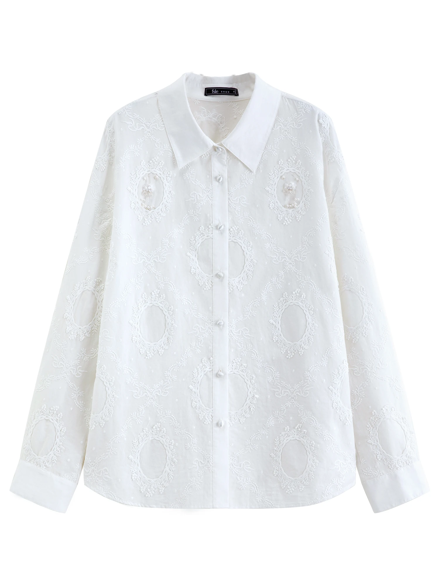 FSLE【Premium Series】Women Vintage Maximalist Embroidered White Blouse Skirt Set Romantic Ruffle Sleeve Shirt Heritage Chic Style