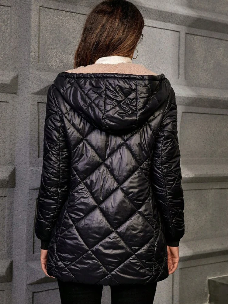 Women Fleece Lined Hooded Quilted Coat Diamond Grid Puffer Jacket Warm Sherpa Lining Zip Up Mid Length Winter Outerwear Parka