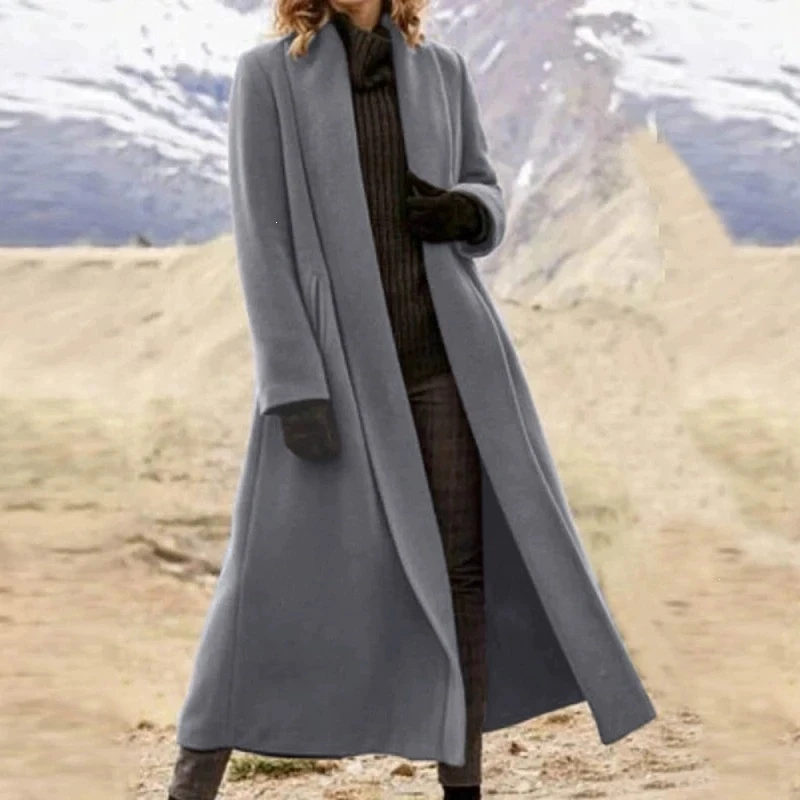 Plus Size Extra Long Woolen Coat Women, Loose Casual Wool Blend Trench Outerwear
