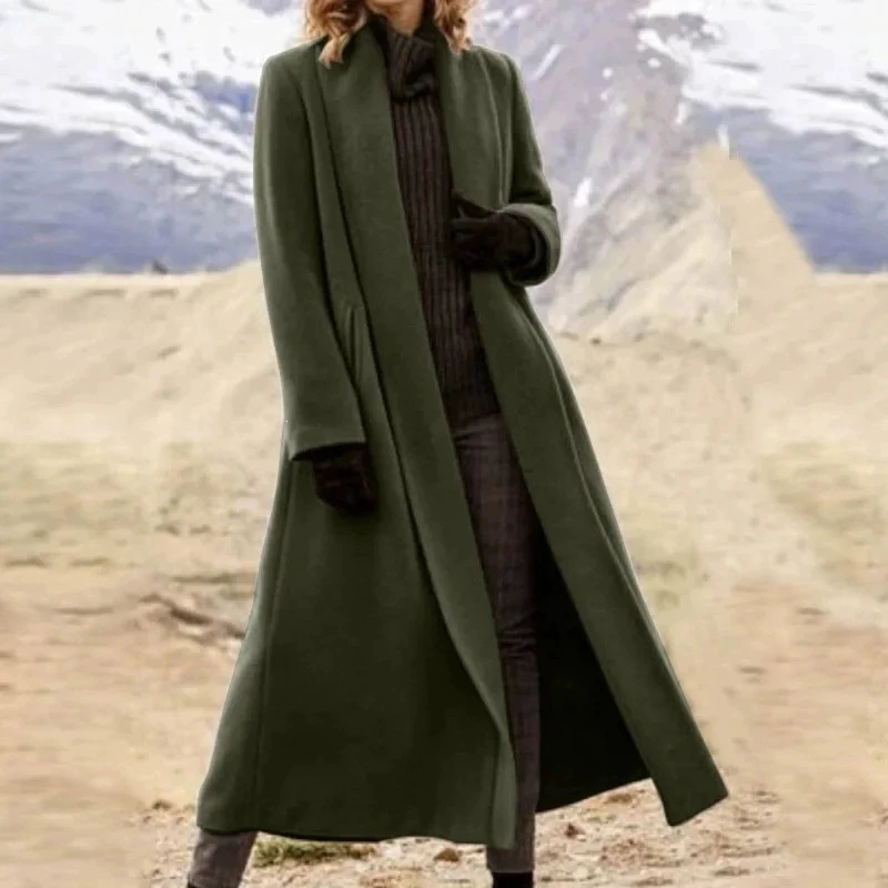 Plus Size Extra Long Woolen Coat Women, Loose Casual Wool Blend Trench Outerwear