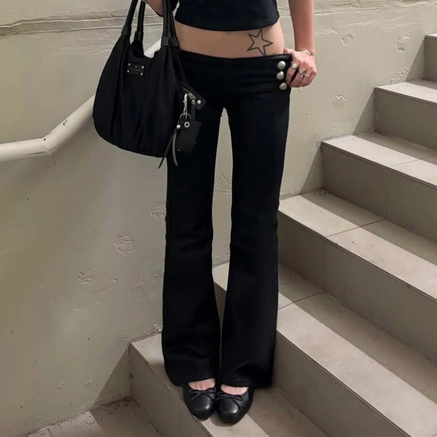 Women's Flare Pants Low Waist Slim Fit Y2K Metal Button Design Casual