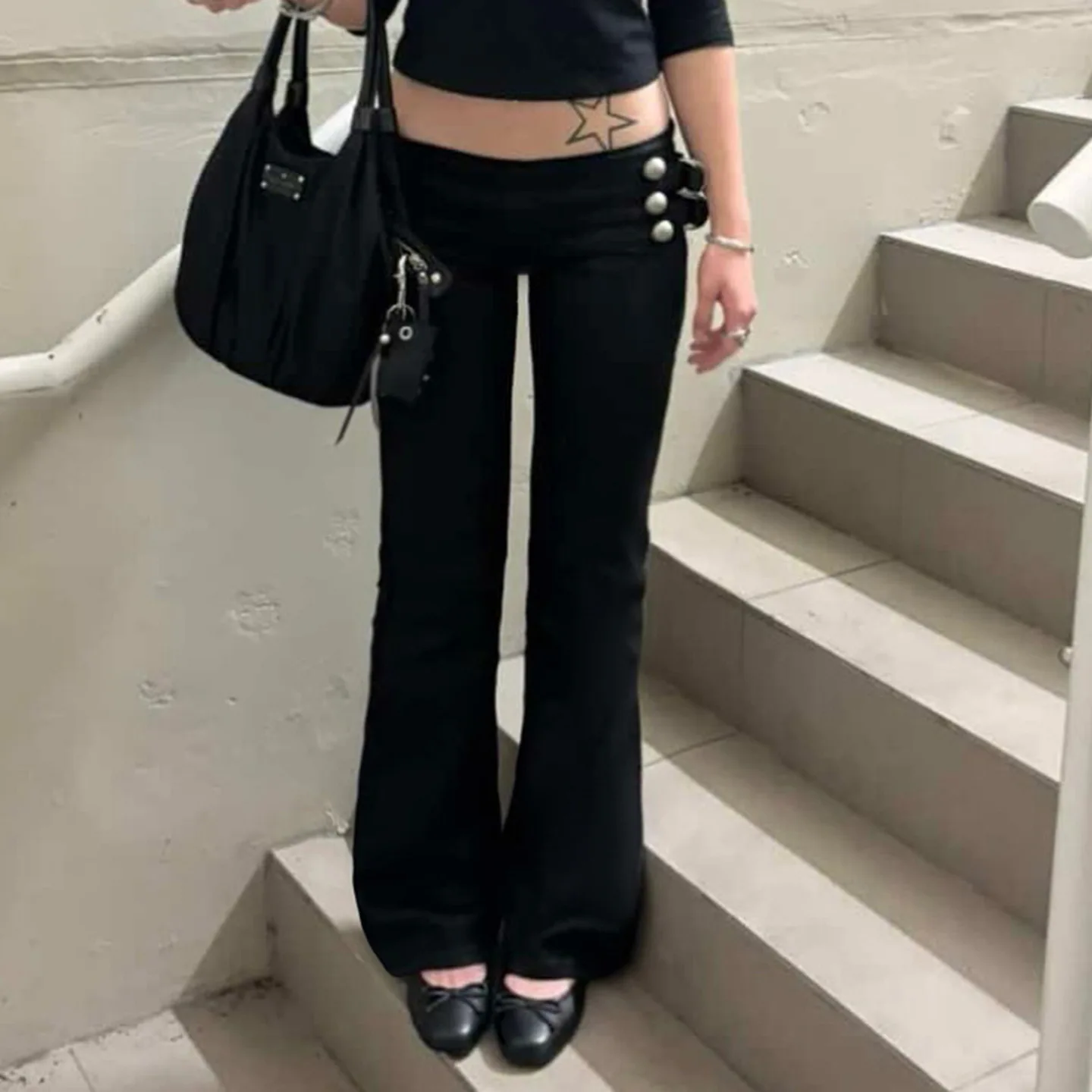 Women's Flare Pants Low Waist Slim Fit Y2K Metal Button Design Casual