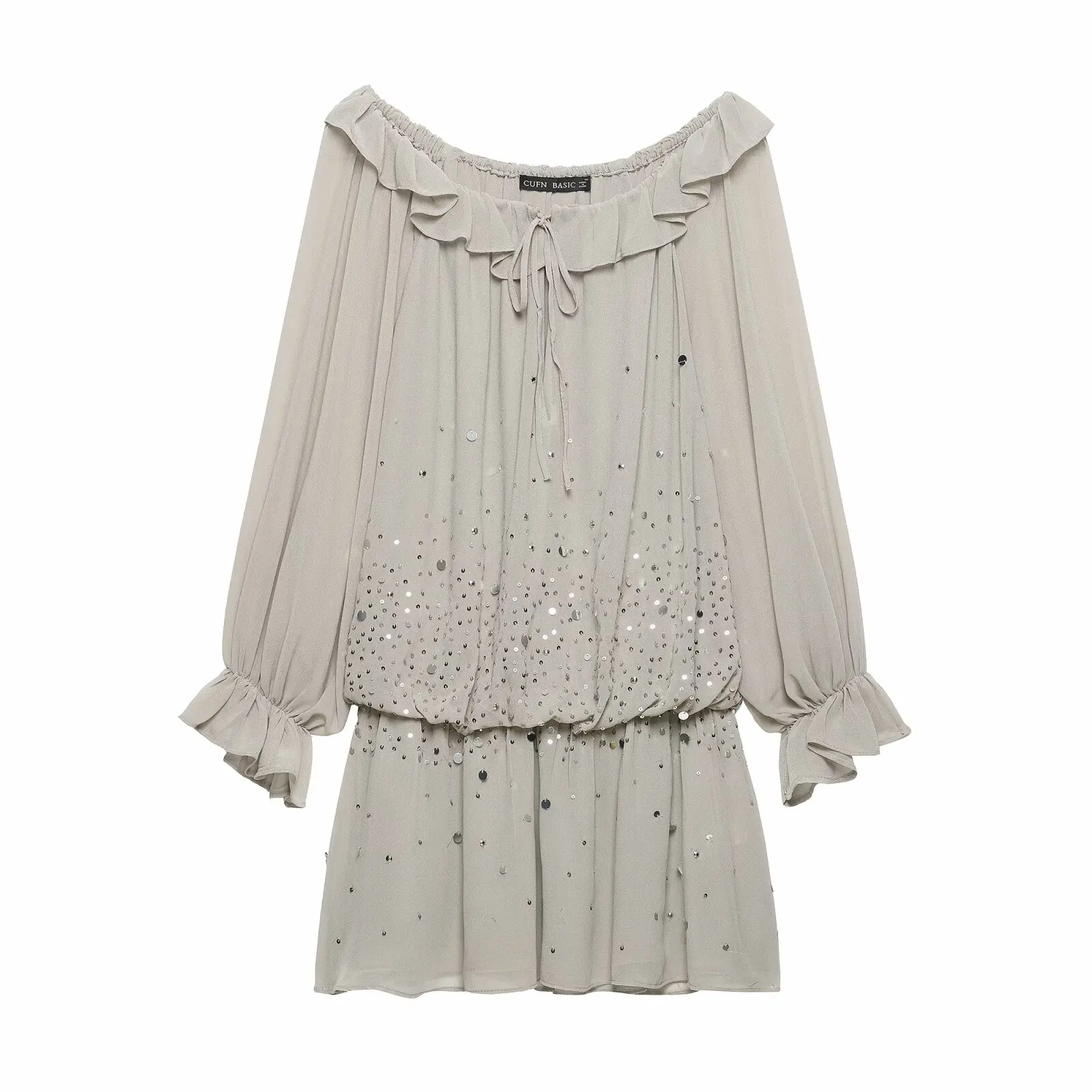 KLKXMYT Elegant Women Sequin Off Shoulder Sexy Dress Long Sleeve Ruffles Mini Dress Female Evening Party Dresses