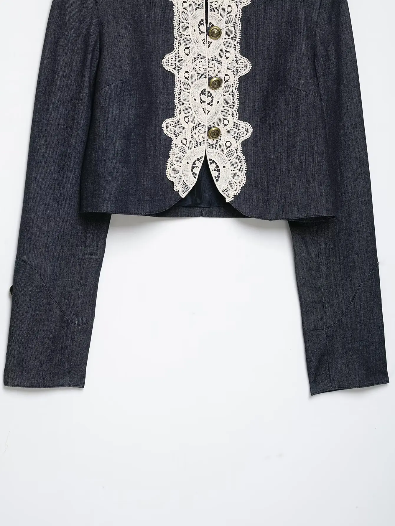 BSAY 2026 Fashion Women Lace Spliced  Cropped Jacket Mandarin Collar Metal Button Long Sleeve Vintage Elegant Short Outerwear