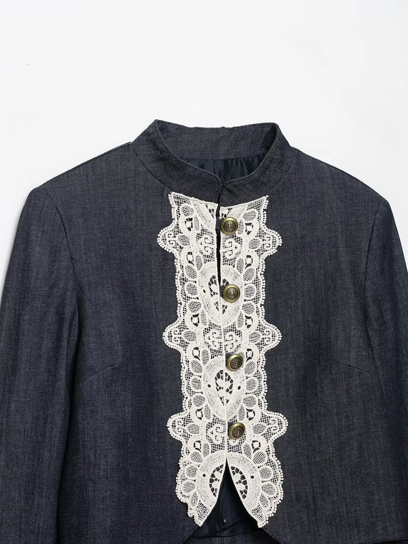 BSAY 2026 Fashion Women Lace Spliced  Cropped Jacket Mandarin Collar Metal Button Long Sleeve Vintage Elegant Short Outerwear