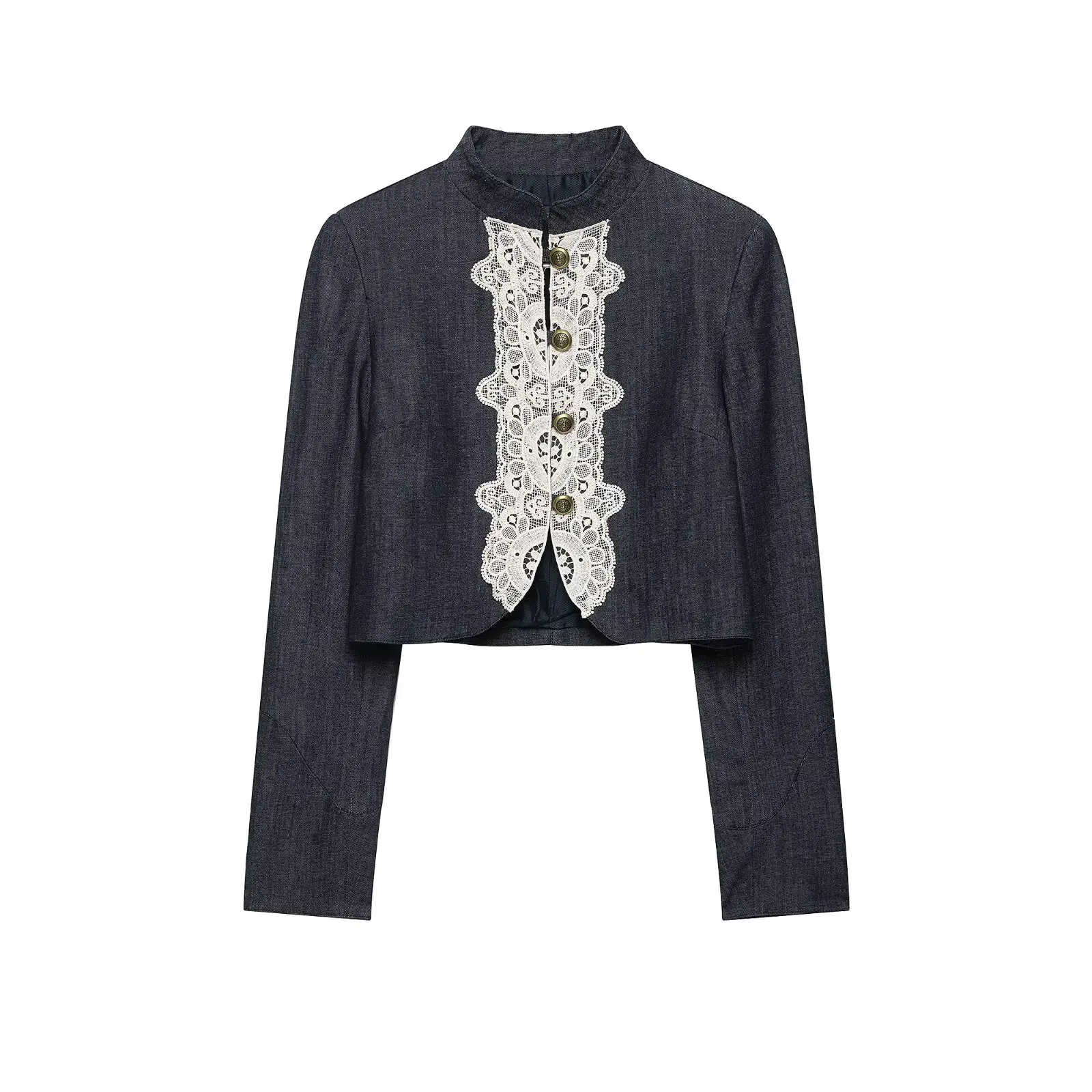 BSAY 2026 Fashion Women Lace Spliced  Cropped Jacket Mandarin Collar Metal Button Long Sleeve Vintage Elegant Short Outerwear