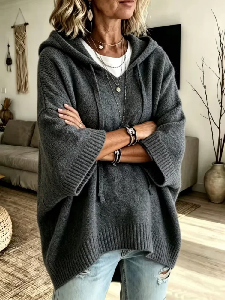 European and American Plus-Size Women's Autumn and Winter Loose, Elegant, Casual Hooded Pullover Knitwear for Women