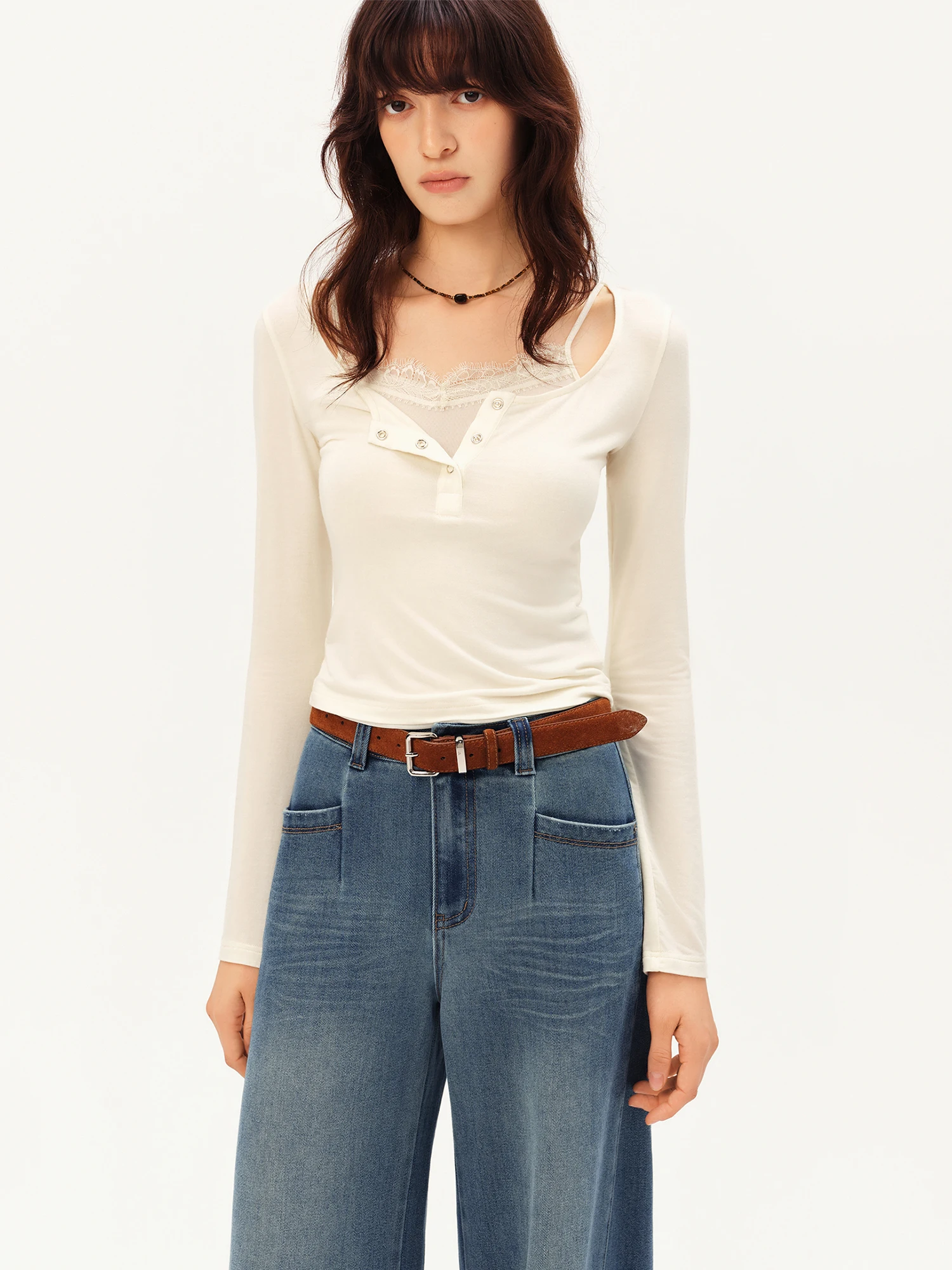 ZIQIAO Women's 2026 Autumn New Arrival Stylish Two-Piece Set: Camisole & T-Shirt Cashmere & Modal Blend Top with Inner Wear