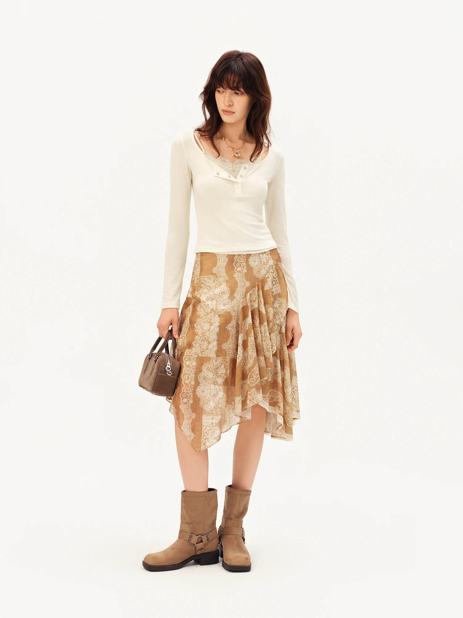 ZIQIAO Women's 2026 Autumn New Arrival Stylish Two-Piece Set: Camisole & T-Shirt Cashmere & Modal Blend Top with Inner Wear