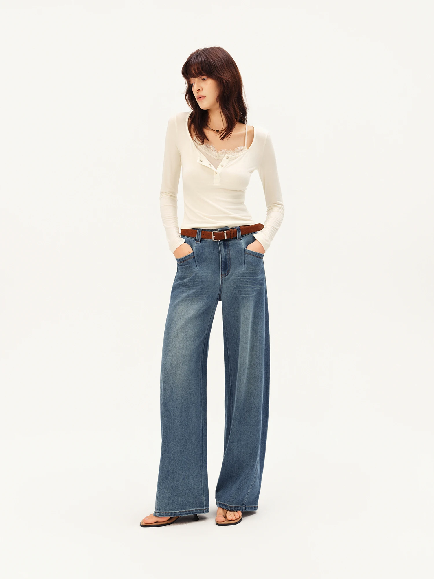 ZIQIAO Women's 2026 Autumn New Arrival Stylish Two-Piece Set: Camisole & T-Shirt Cashmere & Modal Blend Top with Inner Wear