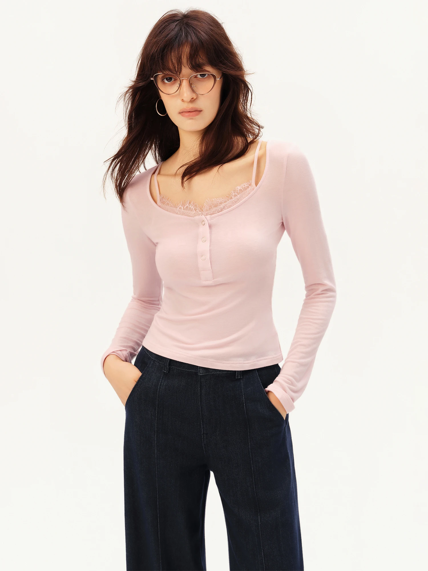 ZIQIAO Women's 2026 Autumn New Arrival Stylish Two-Piece Set: Camisole & T-Shirt Cashmere & Modal Blend Top with Inner Wear