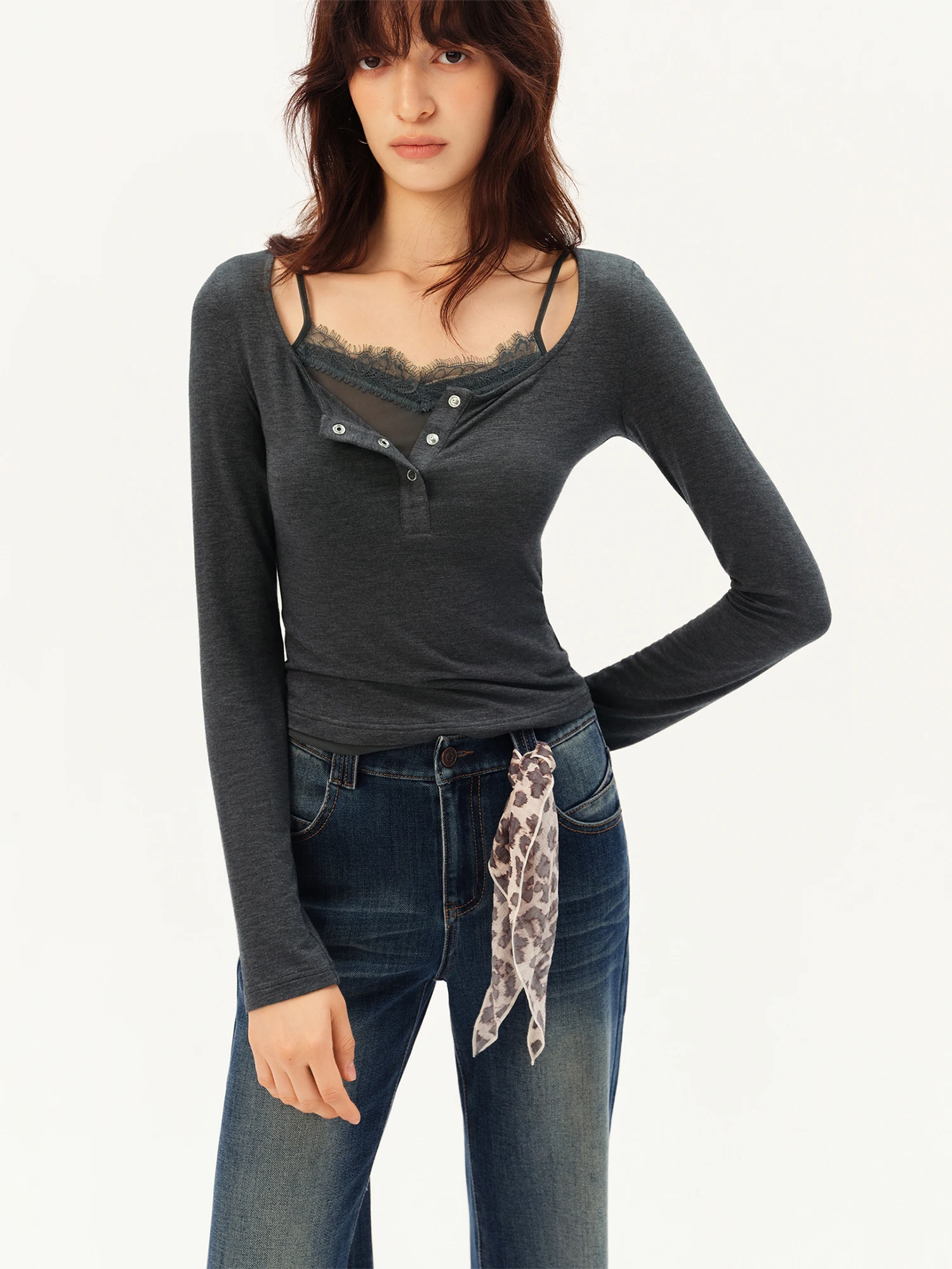 ZIQIAO Women's 2026 Autumn New Arrival Stylish Two-Piece Set: Camisole & T-Shirt Cashmere & Modal Blend Top with Inner Wear