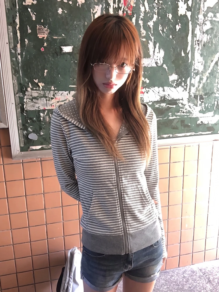 Tonngirls Y2k Japanese Striped Hooded Women Long Sleeve Vintage Tops Streetwear American Retro Zip Up Hoodies Fairycore 2000s
