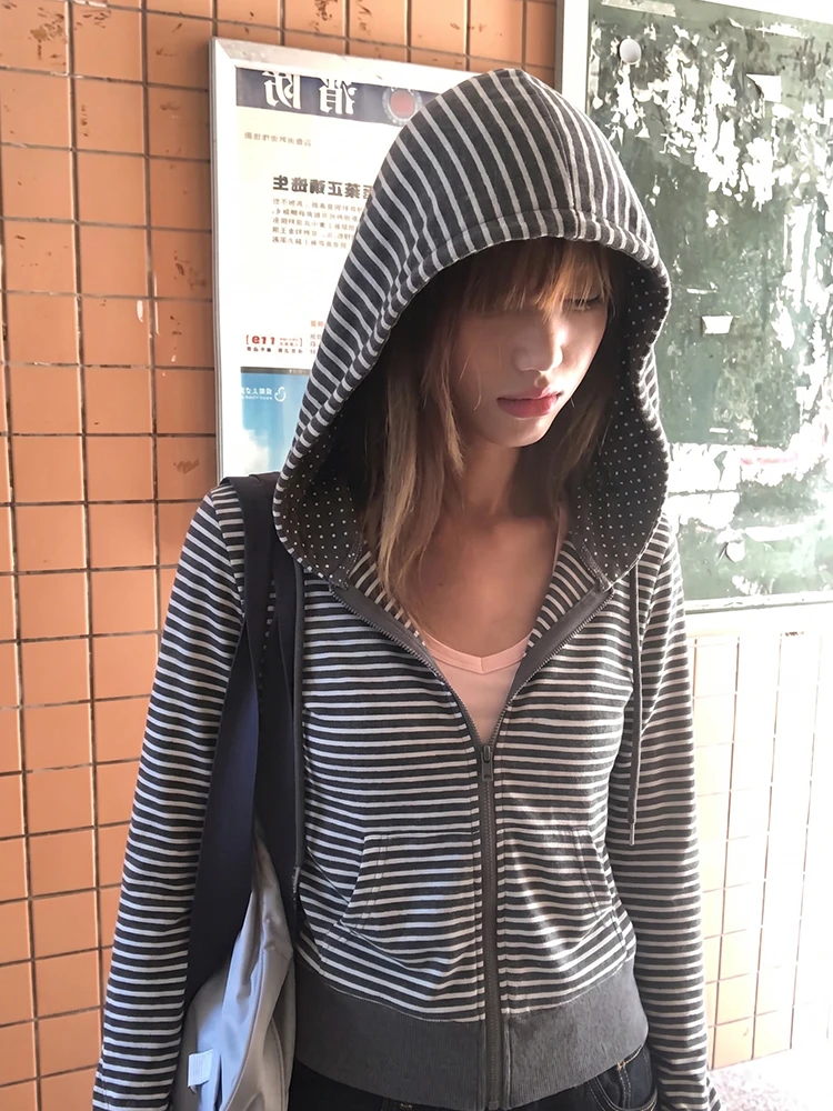 Tonngirls Y2k Japanese Striped Hooded Women Long Sleeve Vintage Tops Streetwear American Retro Zip Up Hoodies Fairycore 2000s
