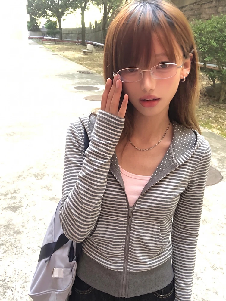Tonngirls Y2k Japanese Striped Hooded Women Long Sleeve Vintage Tops Streetwear American Retro Zip Up Hoodies Fairycore 2000s