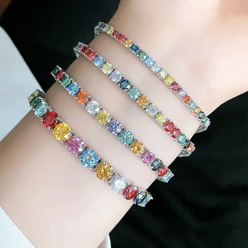 Luxury 3/4/5/6.5MM Colored Rainbow Tennis Moissanite Bracelets Plated Gold 925 Sterling Silver Fine Jewelry Gift Certified