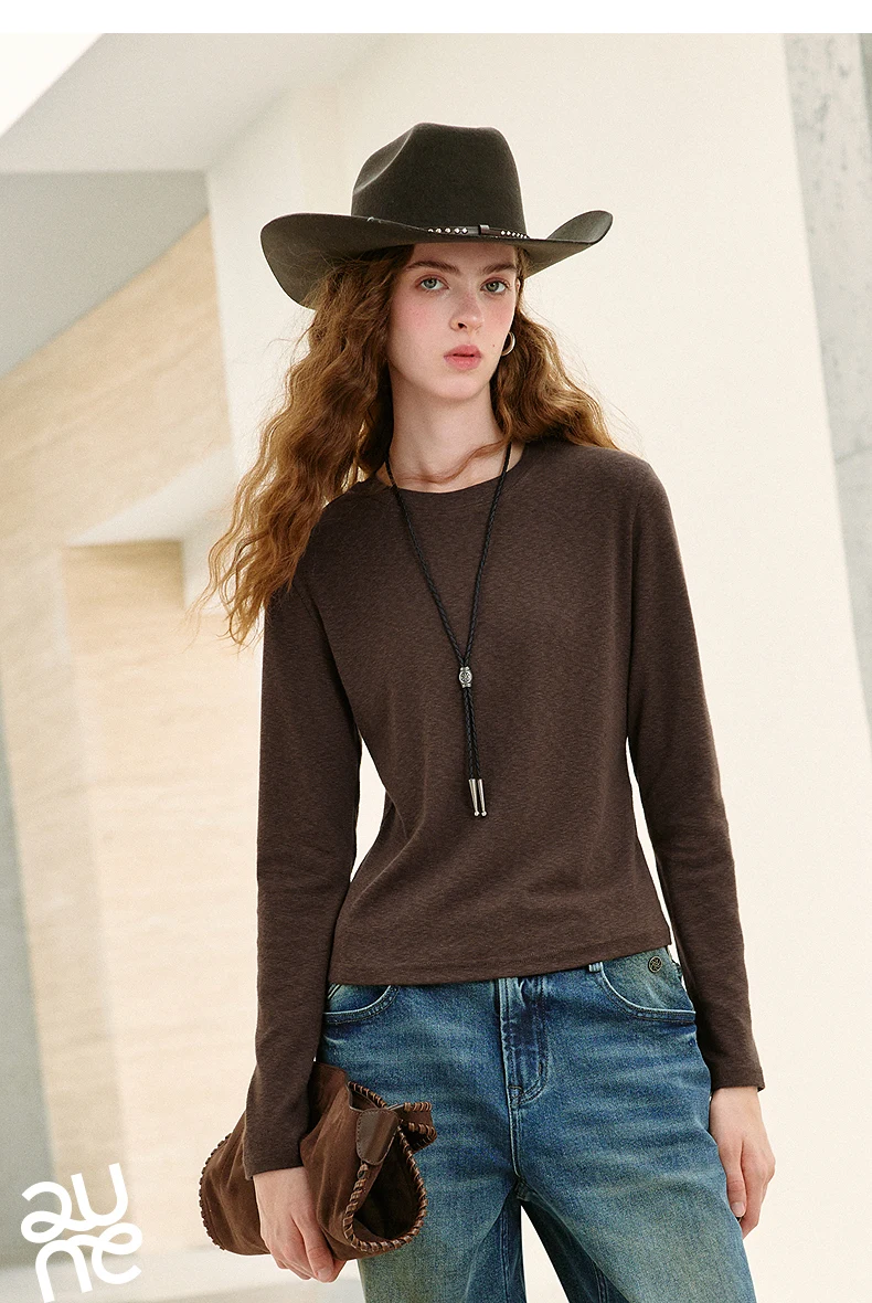TOYOUTH Women's Slub Cotton T Shirt 2026 Fall New Arrival Mousse Soft Crew Neck Multi Color Versatile Casual Layering Top