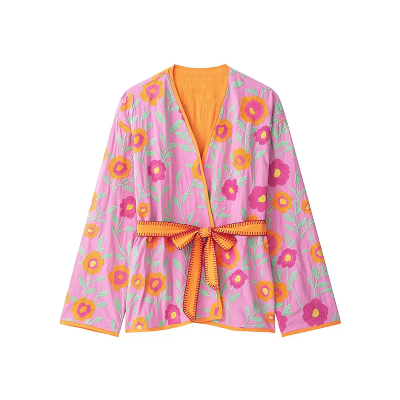 TFMLN New Women's Flowers Embroidered Coats V-neck Long Sleeve With Belt Jackets Autumn New Fashion Casual Ladies Outerwear