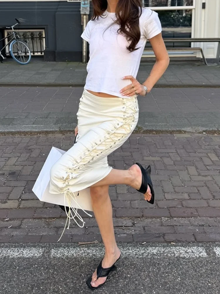 Women Double Side Lace Up Midi Skirt Metal Eyelet Crisscross Tie Bodycon Pencil Skirt Slim High Waist Streetwear Mid Calf Skirt