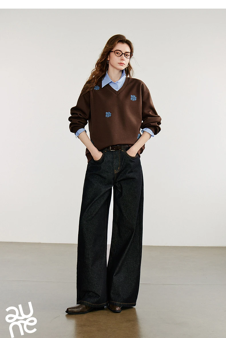 TOYOUTH Women‘s Sweatshirt 2026 Autumn Denim Flower Embroidery Fake Two Piece Splicing Turn Down Collar Cotton Casual Pullover