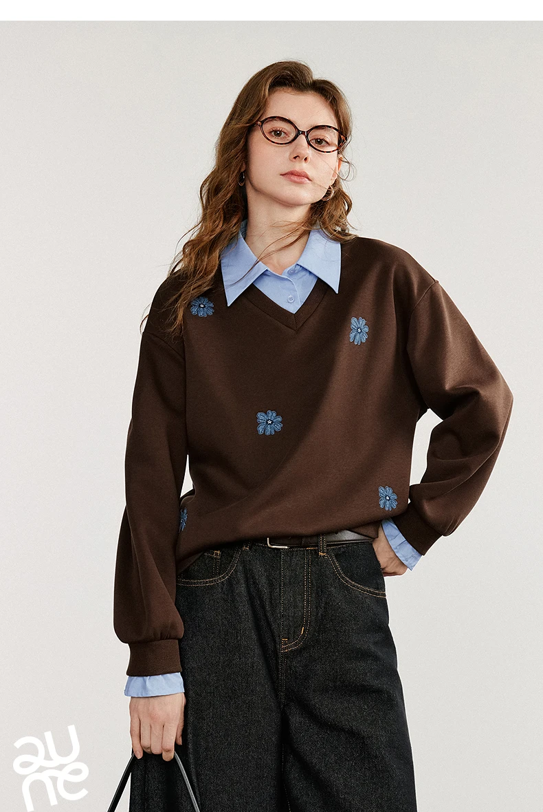 TOYOUTH Women‘s Sweatshirt 2026 Autumn Denim Flower Embroidery Fake Two Piece Splicing Turn Down Collar Cotton Casual Pullover