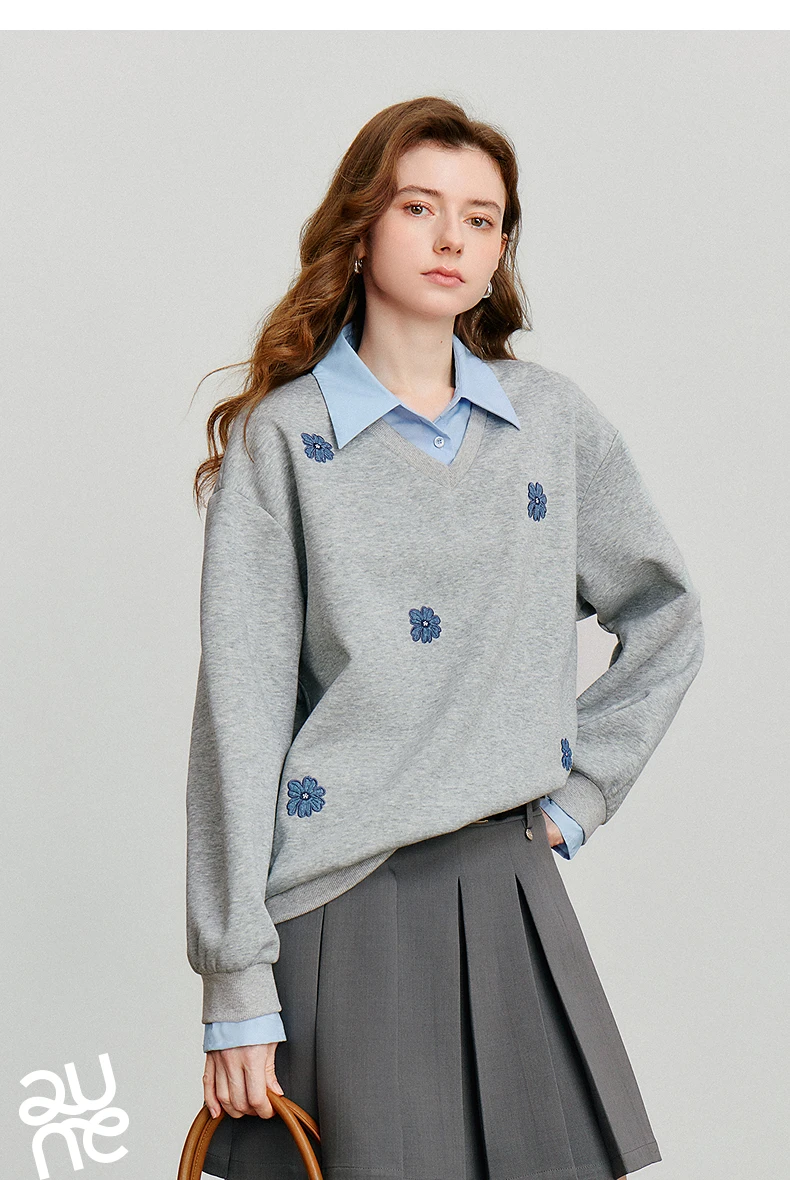 TOYOUTH Women‘s Sweatshirt 2026 Autumn Denim Flower Embroidery Fake Two Piece Splicing Turn Down Collar Cotton Casual Pullover