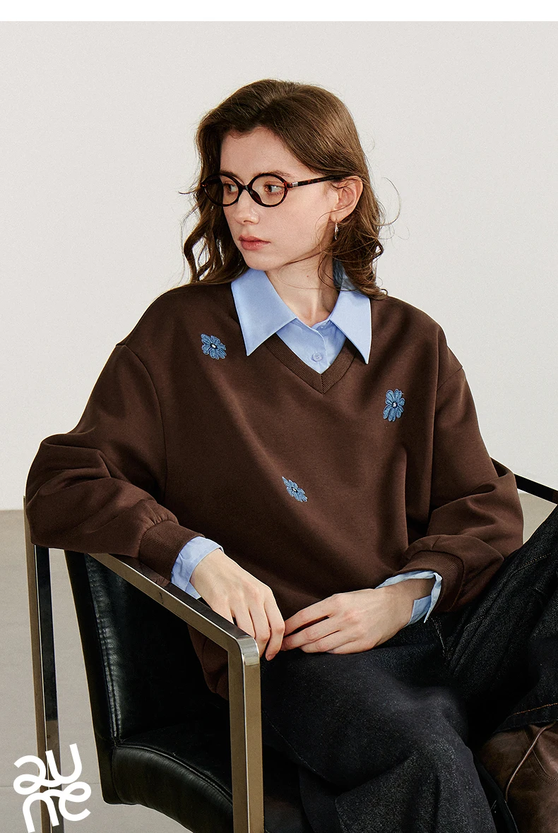 TOYOUTH Women‘s Sweatshirt 2026 Autumn Denim Flower Embroidery Fake Two Piece Splicing Turn Down Collar Cotton Casual Pullover