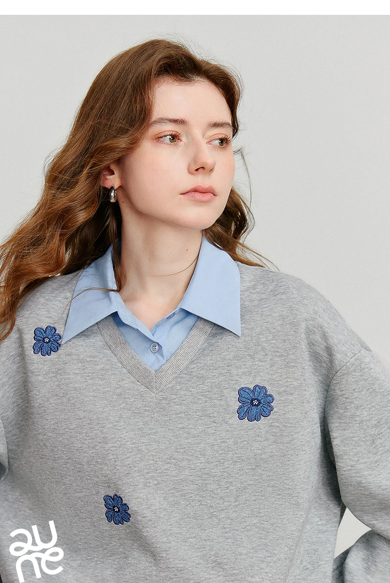 TOYOUTH Women‘s Sweatshirt 2026 Autumn Denim Flower Embroidery Fake Two Piece Splicing Turn Down Collar Cotton Casual Pullover