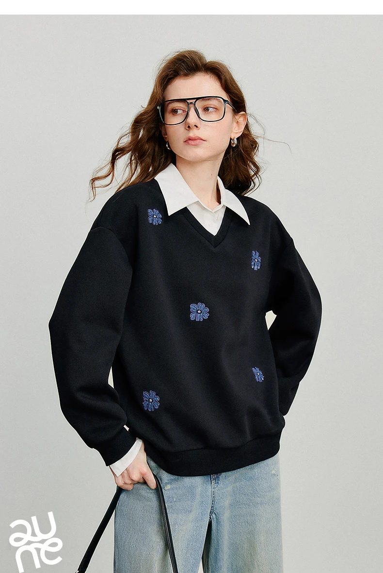 TOYOUTH Women‘s Sweatshirt 2026 Autumn Denim Flower Embroidery Fake Two Piece Splicing Turn Down Collar Cotton Casual Pullover