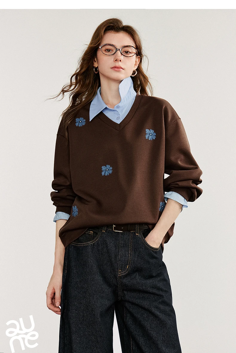 TOYOUTH Women‘s Sweatshirt 2026 Autumn Denim Flower Embroidery Fake Two Piece Splicing Turn Down Collar Cotton Casual Pullover