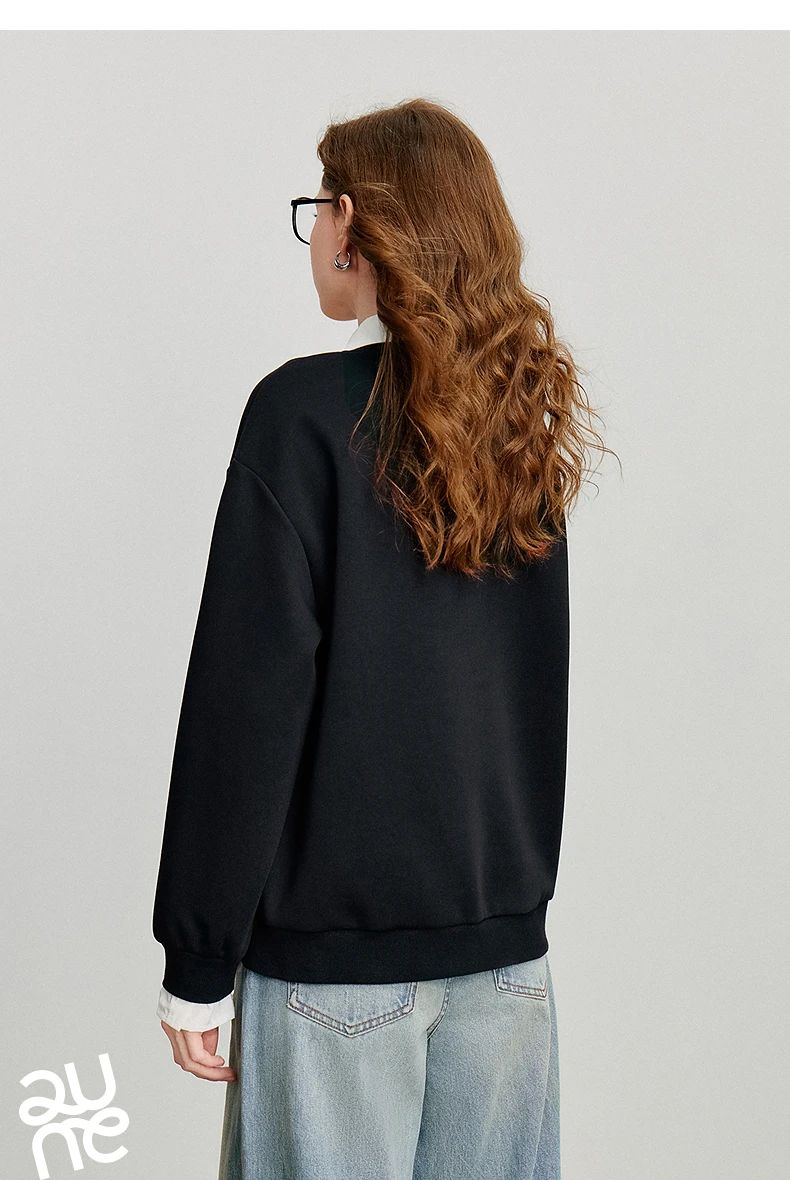 TOYOUTH Women‘s Sweatshirt 2026 Autumn Denim Flower Embroidery Fake Two Piece Splicing Turn Down Collar Cotton Casual Pullover