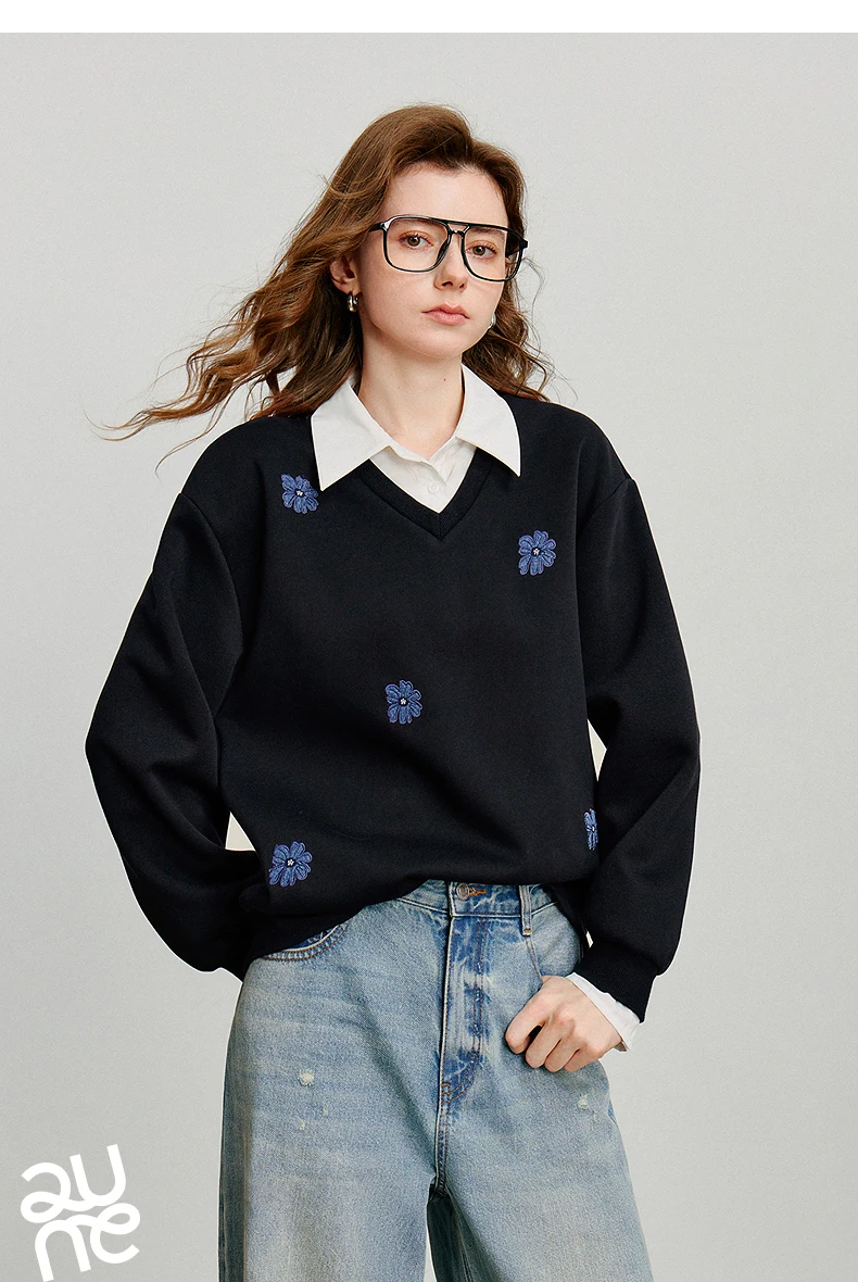 TOYOUTH Women‘s Sweatshirt 2026 Autumn Denim Flower Embroidery Fake Two Piece Splicing Turn Down Collar Cotton Casual Pullover