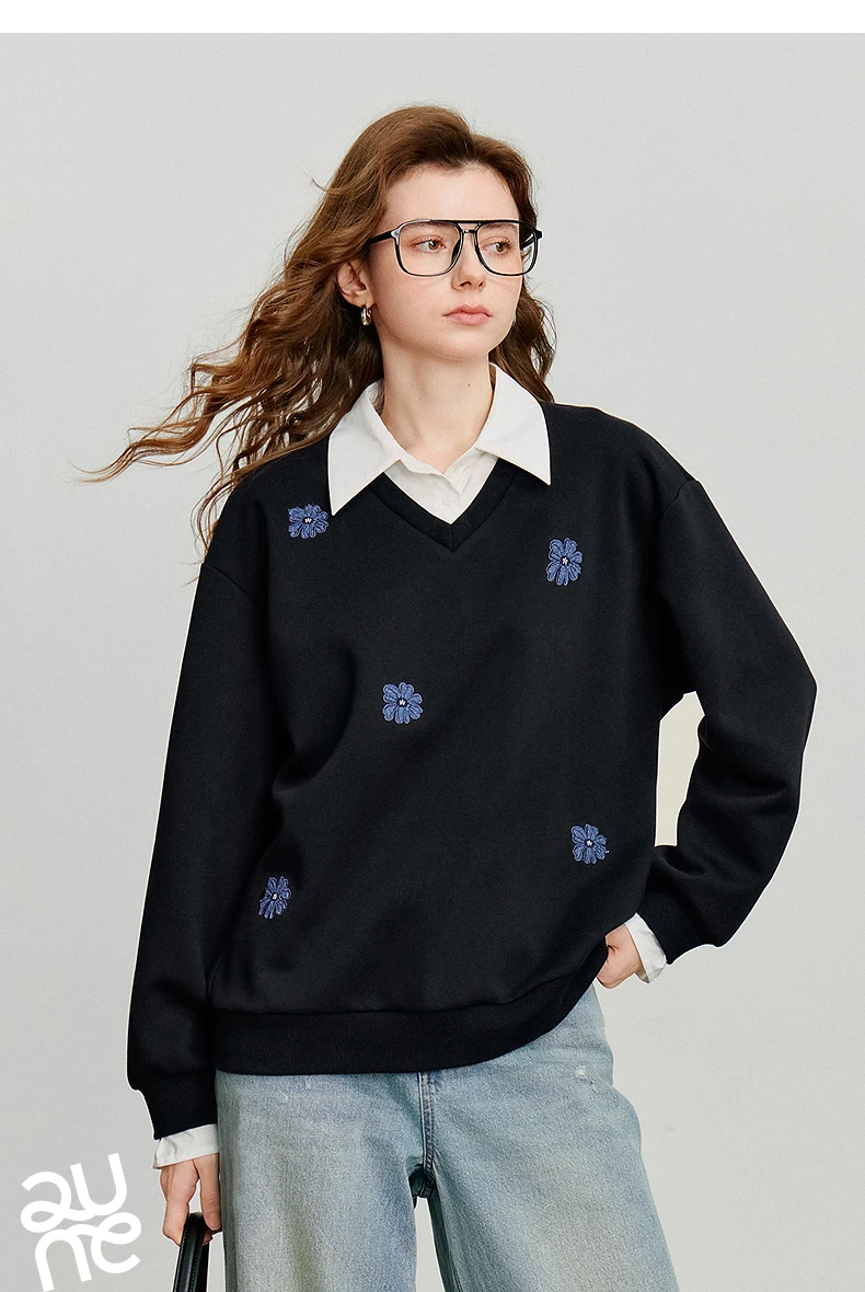 TOYOUTH Women‘s Sweatshirt 2026 Autumn Denim Flower Embroidery Fake Two Piece Splicing Turn Down Collar Cotton Casual Pullover