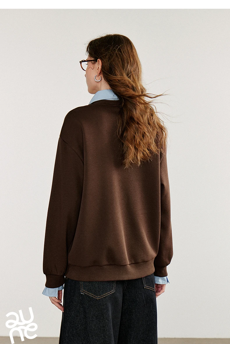 TOYOUTH Women‘s Sweatshirt 2026 Autumn Denim Flower Embroidery Fake Two Piece Splicing Turn Down Collar Cotton Casual Pullover