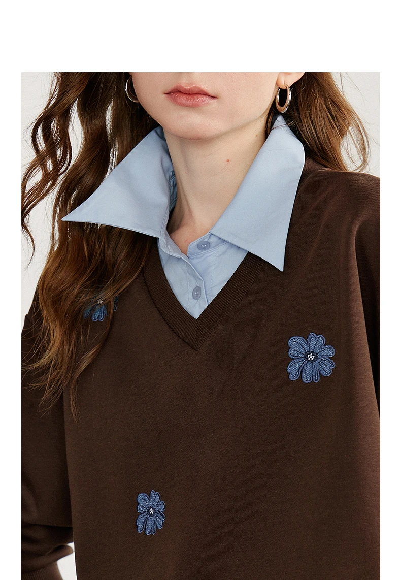 TOYOUTH Women‘s Sweatshirt 2026 Autumn Denim Flower Embroidery Fake Two Piece Splicing Turn Down Collar Cotton Casual Pullover