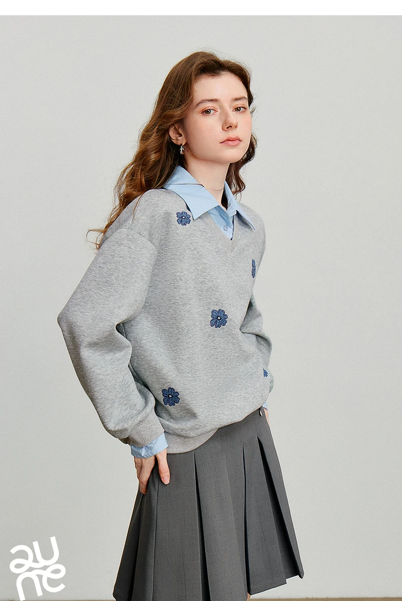 TOYOUTH Women‘s Sweatshirt 2026 Autumn Denim Flower Embroidery Fake Two Piece Splicing Turn Down Collar Cotton Casual Pullover