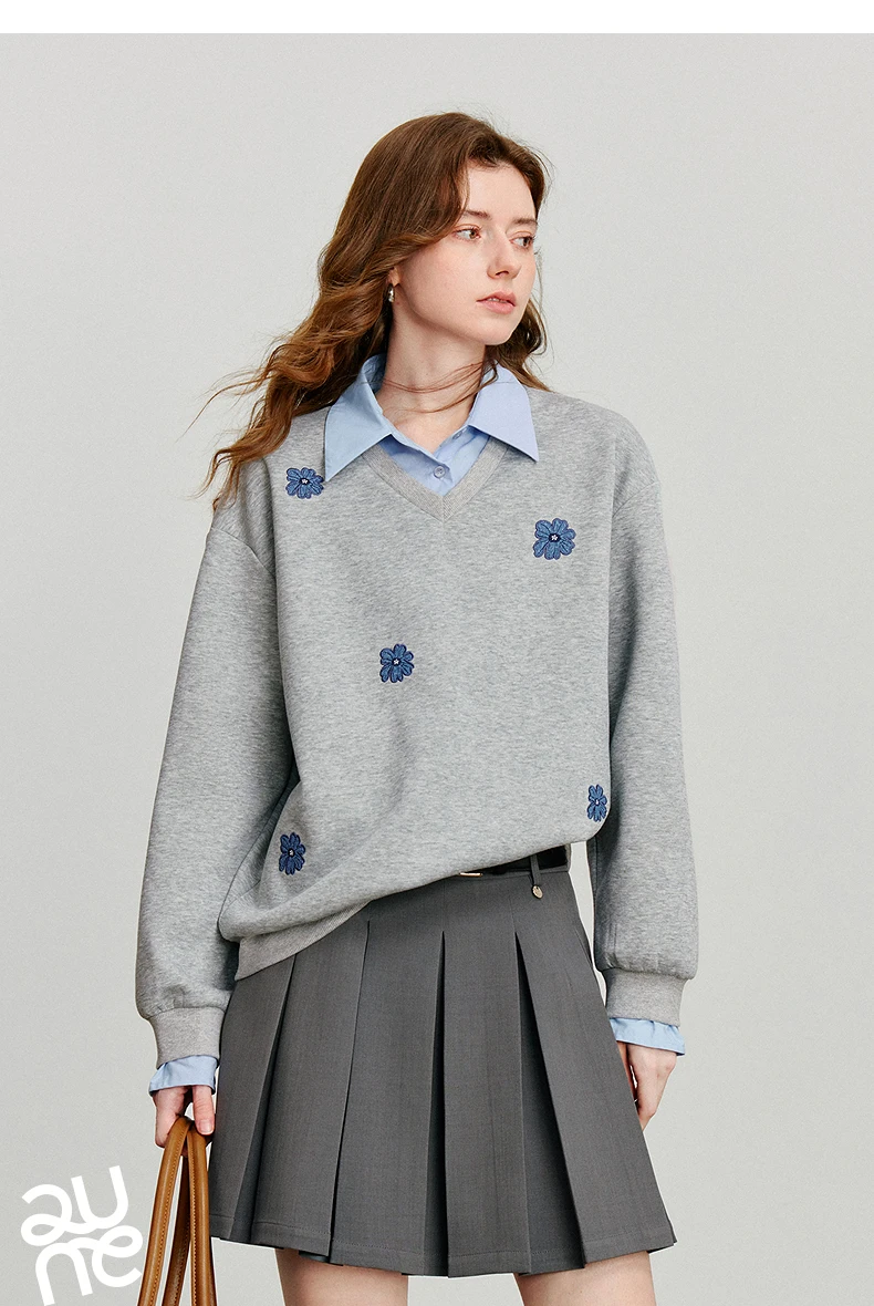 TOYOUTH Women‘s Sweatshirt 2026 Autumn Denim Flower Embroidery Fake Two Piece Splicing Turn Down Collar Cotton Casual Pullover