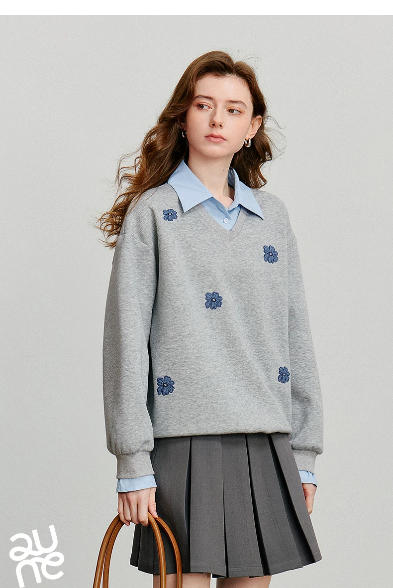 TOYOUTH Women‘s Sweatshirt 2026 Autumn Denim Flower Embroidery Fake Two Piece Splicing Turn Down Collar Cotton Casual Pullover