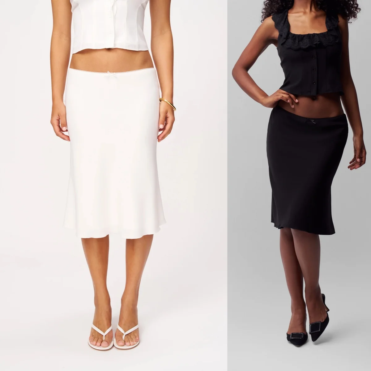 Guz Low-Waist Mini Skirt with Small Bow and Lace Trim, Drapey Satin Fishtail Mid-Length Bodycon Midi Skirt, Black and White Solid Color A-Line Skirt, Minimalist High-End Lace Low-Waist Slim-Fit Skirt