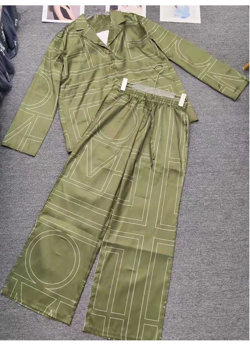 2026 Spring New Fashion Women's Suit Geometric Printing Long Sleeve Loose Shirt High Waist Wide Leg Pants Casual Two-piece Set