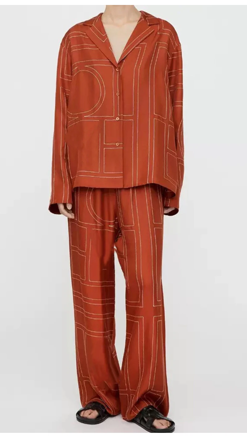 2026 Spring New Fashion Women's Suit Geometric Printing Long Sleeve Loose Shirt High Waist Wide Leg Pants Casual Two-piece Set