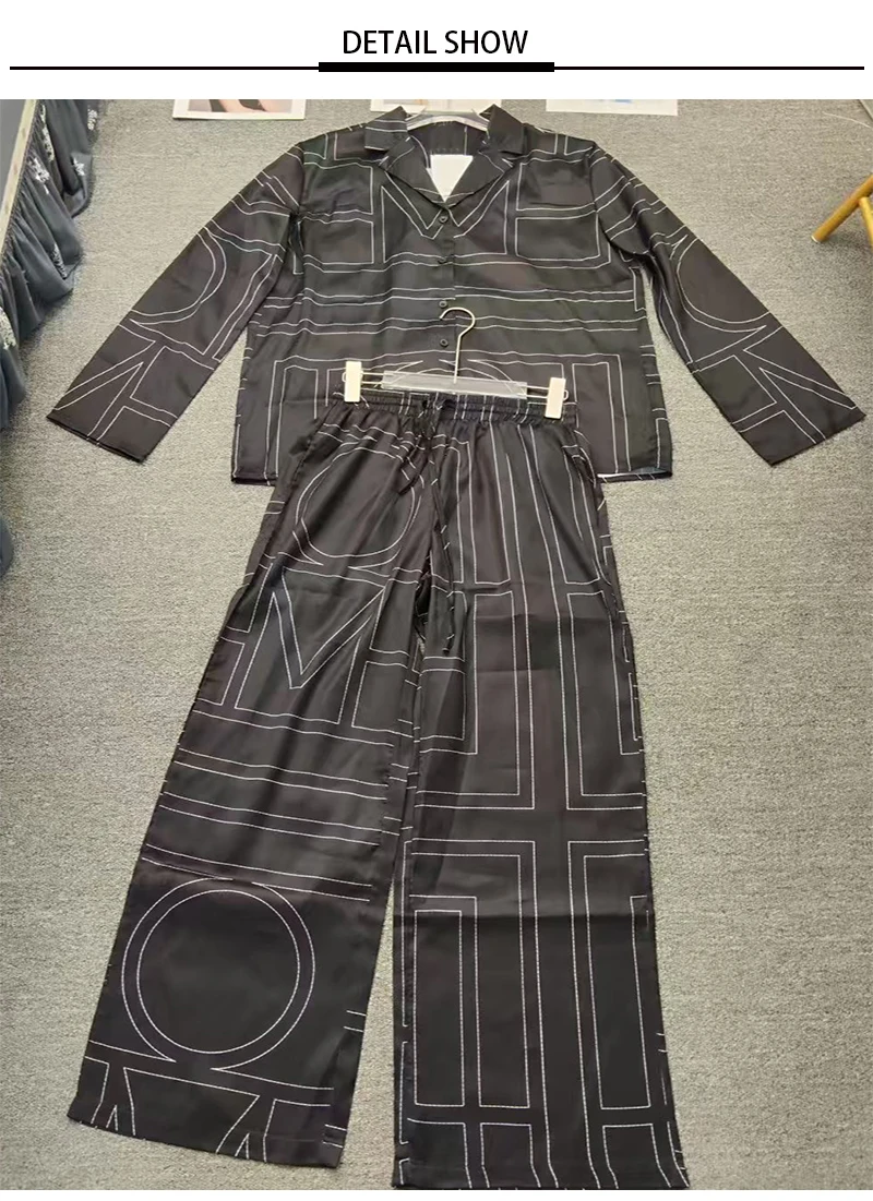 2026 Spring New Fashion Women's Suit Geometric Printing Long Sleeve Loose Shirt High Waist Wide Leg Pants Casual Two-piece Set
