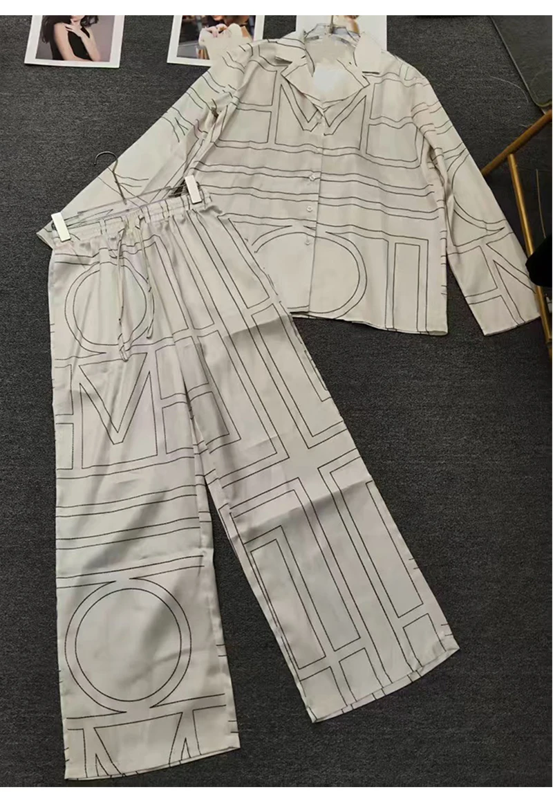 2026 Spring New Fashion Women's Suit Geometric Printing Long Sleeve Loose Shirt High Waist Wide Leg Pants Casual Two-piece Set