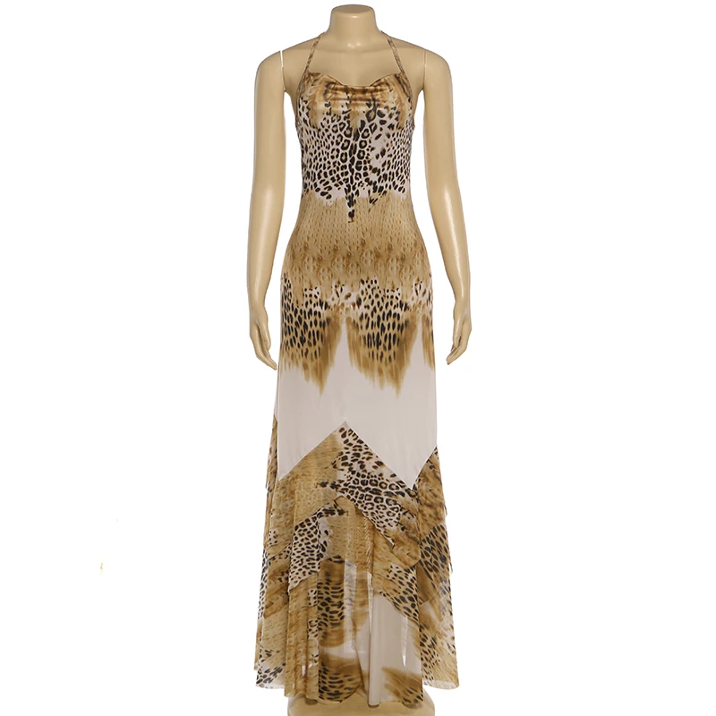 Sisterlinda Woman Long Dress Leopard Print Trend Sexy Fashion Lace-Up Halter Backless Shape Waist Ruffles Hem Elegant Vestidos